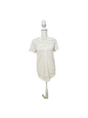 J Crew Small Ivory Lace Yoke Short Sleeve Sweater Top Cotton Knit Beige Shirt